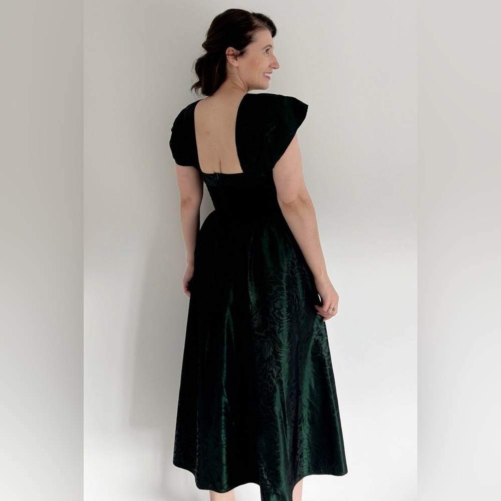 Vintage Laura Ashley Green Velvet Floral Taffeta Midi Dress Gown 8 - Picture 2 of 16